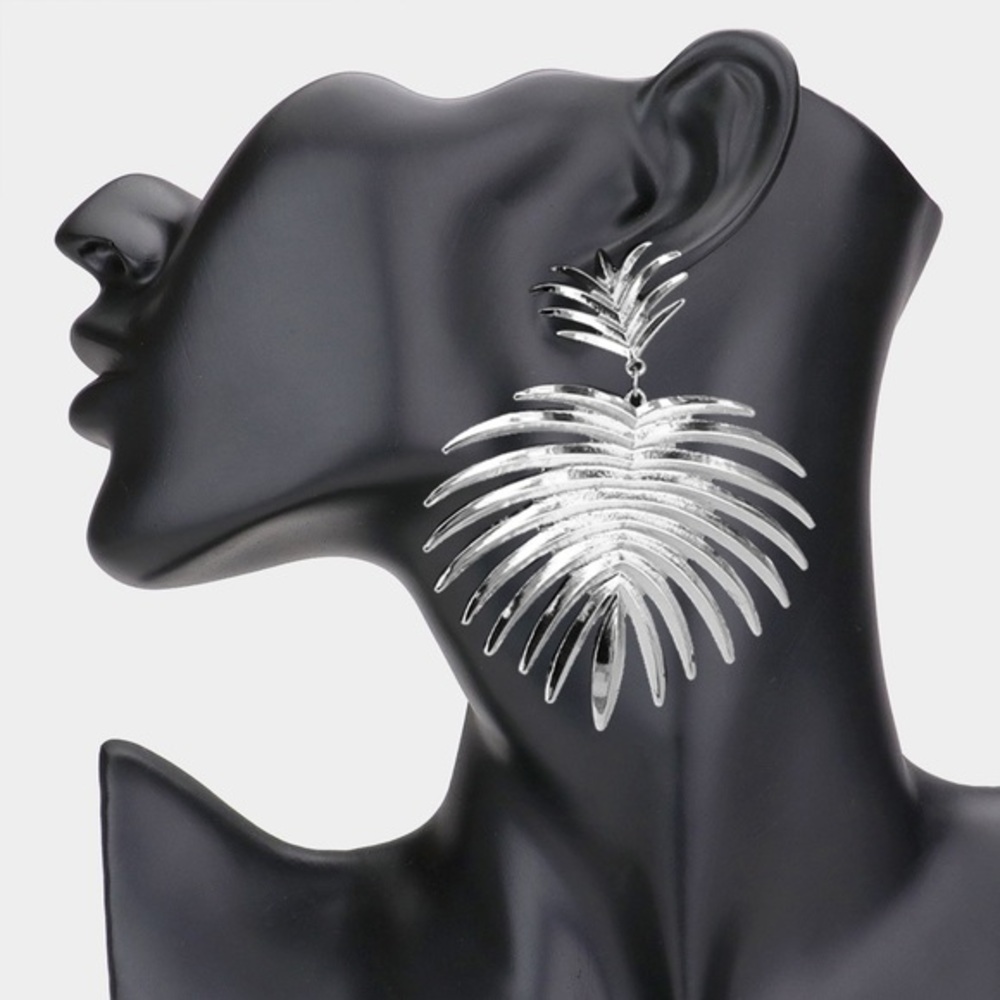 Silver tropical leaf dangle earrings